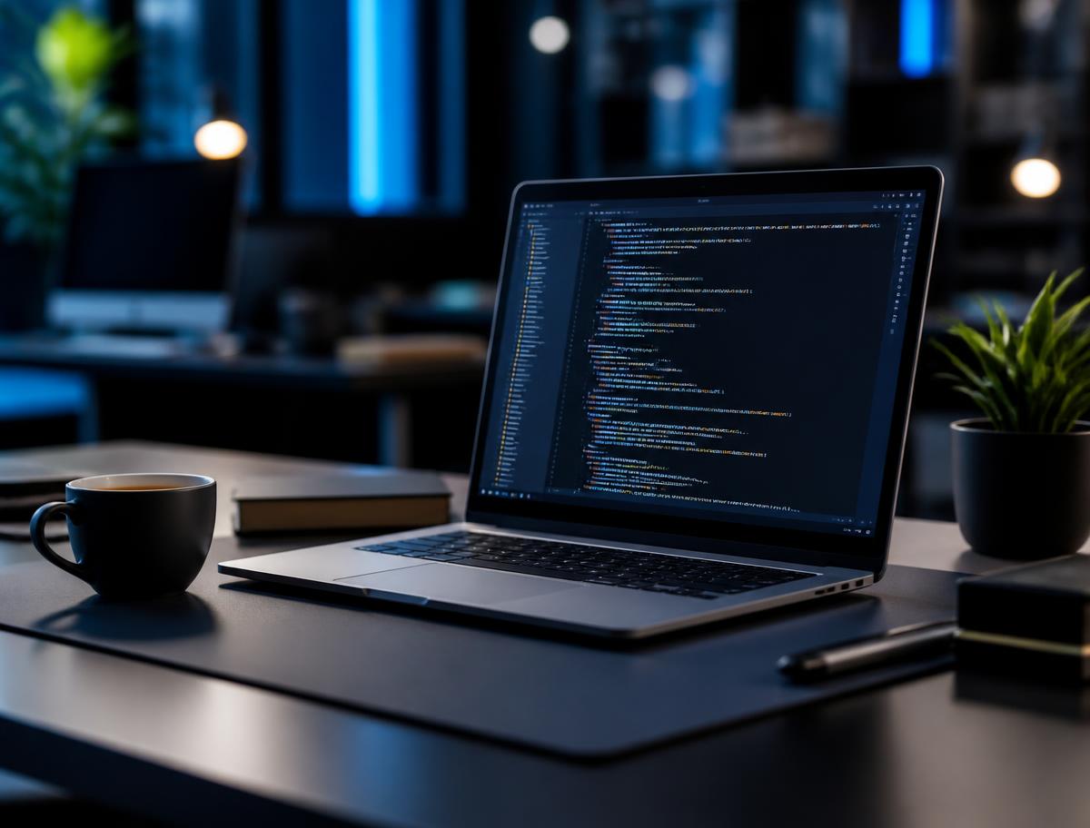 Modern agency workspace with code on a laptop screen