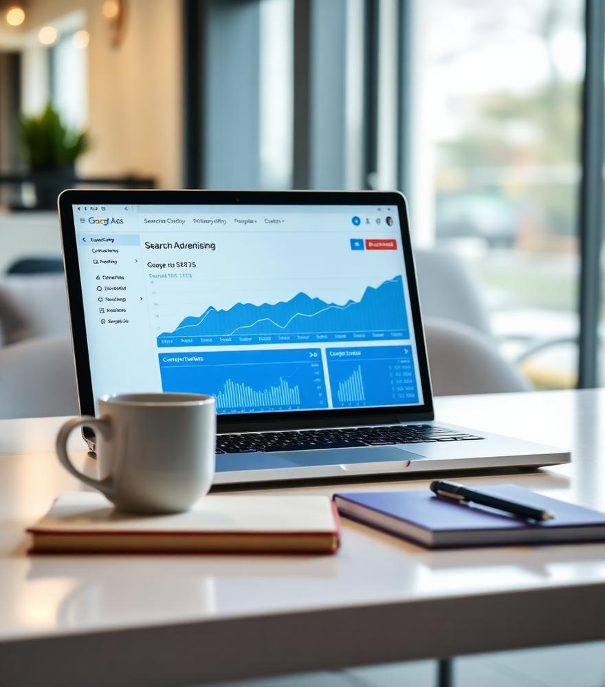 Google Ads search advertising dashboard with rising performance graphs on a laptop