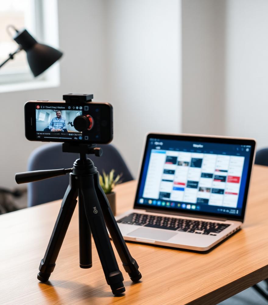 Social media content shoot with phone on tripod and content calendar on a laptop
